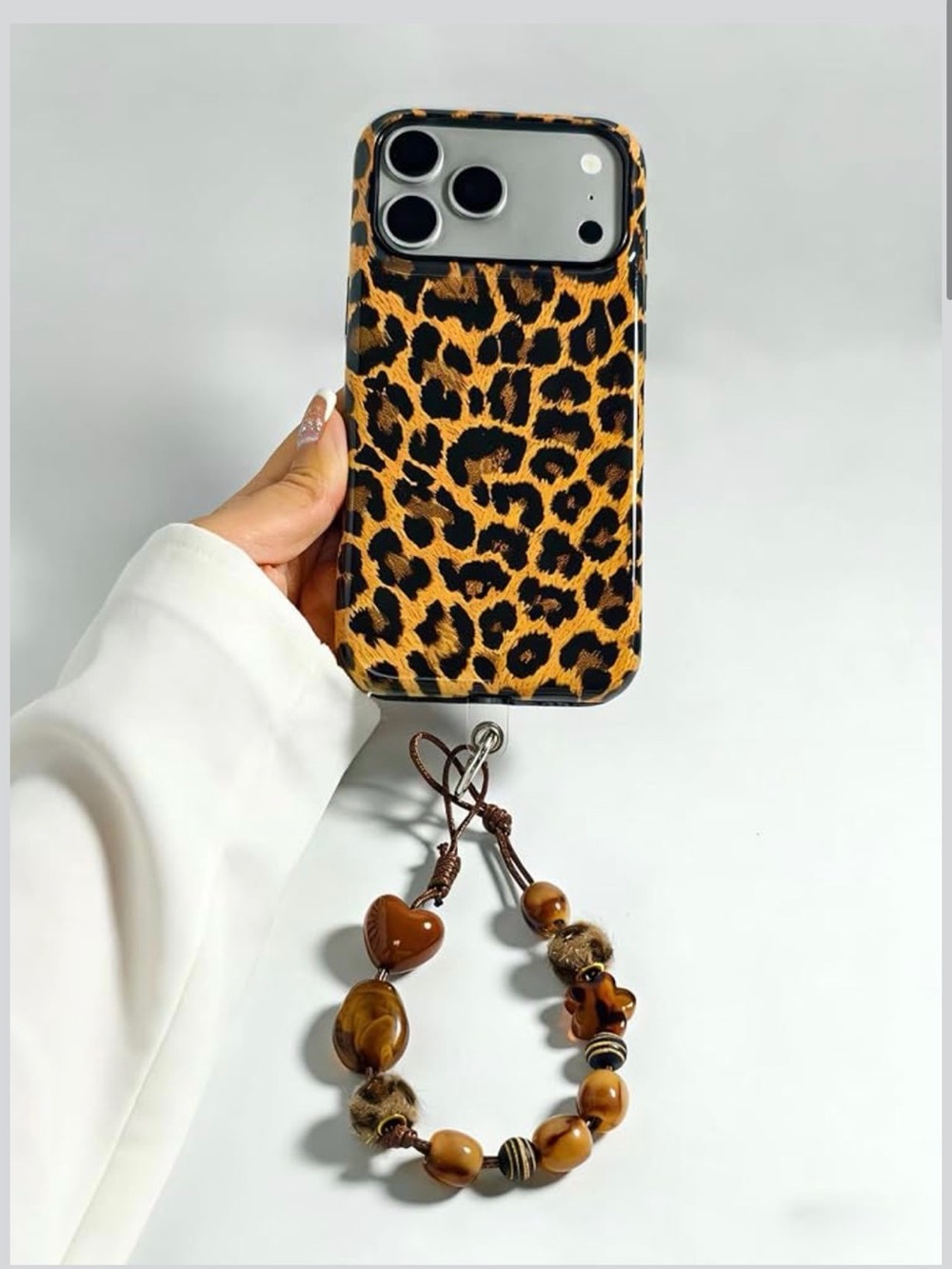 Leopard Print Phone Case with Beaded Wrist Strap - Brown/Black